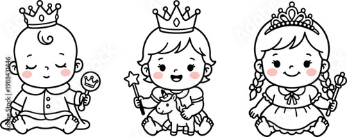 Cute Baby Princess with Crown Black Outline Illustration set