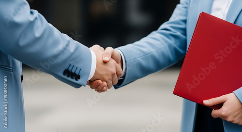 Two professionals in light blue suits shaking hands while holding a red folder in an outdoor setting.