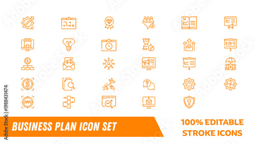 A set of editable business plan icons in a flat design style