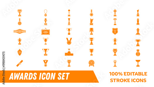 A set of editable stroke icons representing various awards and trophies