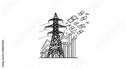 Power lines and soaring financial charts with falling currency