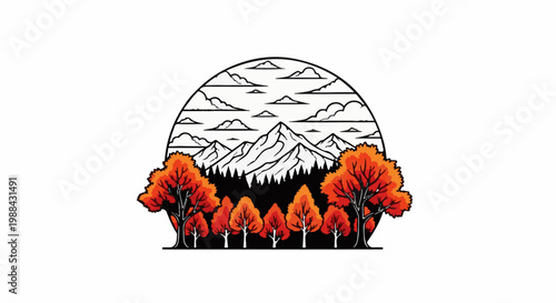 Stylized autumn forest with mountains and clouds in an oval frame