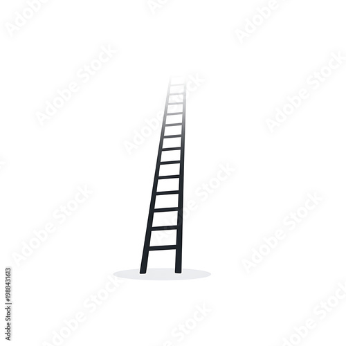 A tall ladder reaching upwards into a misty white background with way up step by step vertical opportunity progress ambition aspiration challenge solution reaching development elevation