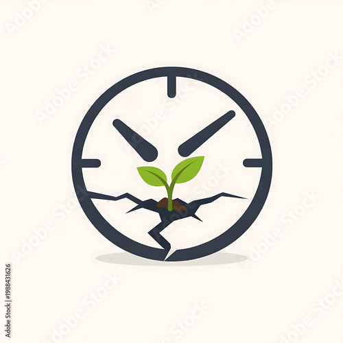 Growing plant in a cracked clock face symbolizing growth over time with organic growth business growth time management new life business deadline development progress seedling breaking