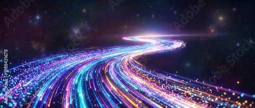 Cosmic star trails and glowing light streams winding dynamically in a sparkling abstract background