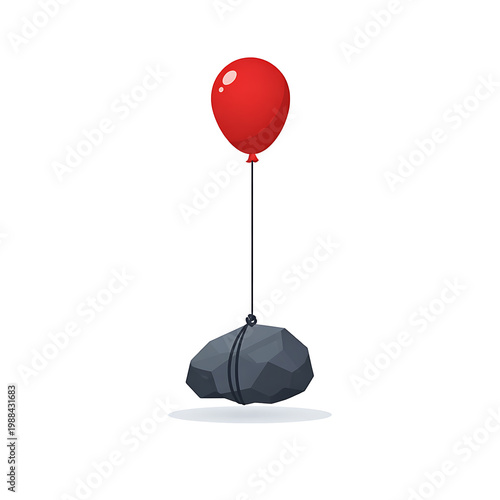 Red balloon lifting a heavy stone concept of defying gravity or unusual strength floating strength lightness contrast metaphor illustration abstract whimsical suspended challenge ambition