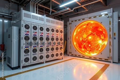 A supercomputer facility powered by a contained, miniature artificial sun glowing brightly in an adjacent reinforced chamber.