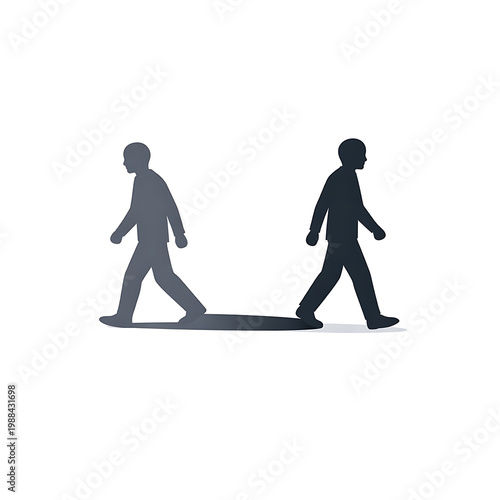 Two silhouetted figures walking in opposite directions concept of separation or disagreement moving away end of relationship breakdown going separate ways personal growth opposite