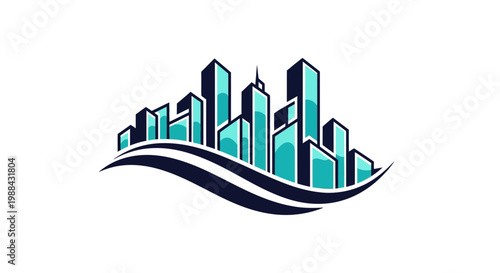 Urban Skyline Emblem Featuring Turquoise Skyscrapers Above an Elegant Dark Wave