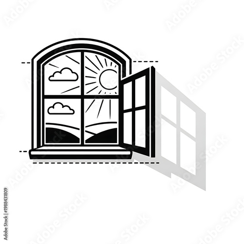 Open window framing sunny landscape with clouds landscape interior architecture building greeting invitation background contrast
