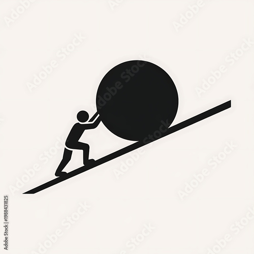 Silhouette of a person pushing a large dark sphere up a steep inclined plane with hard work black and white background struggle challenge determination climbing silhouette metaphor