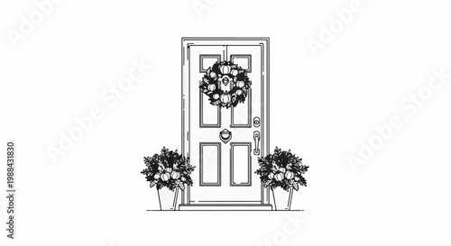 A black and white sketch of a front door adorned with a festive wreath and potted plants