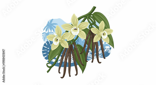 Vanilla orchids and pods against a blue tropical landscape