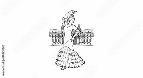 A flamenco dancer in a ruffled dress poses before ornate architecture