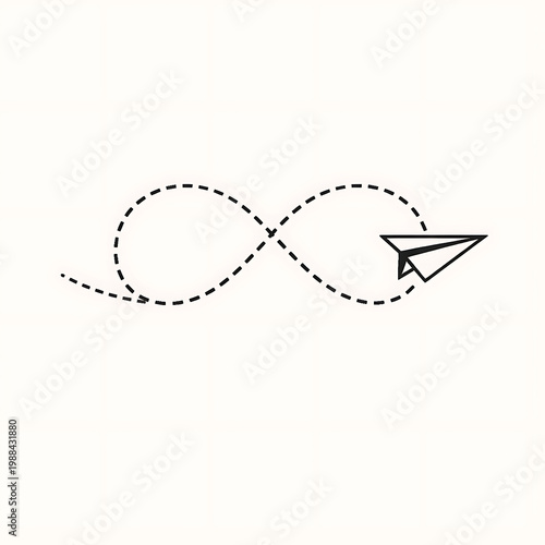 Paper airplane flying and leaving a dashed trail in the shape of an infinity symbol with dashed line white background infinity continuous childhood imagination silhouette isolated movement