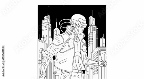 A figure in futuristic attire stands against a backdrop of towering city structures