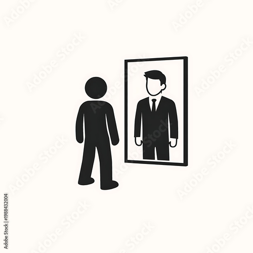 Silhouette of a person looking into a mirror seeing a reflection of a suited figure reflection business ambition transformation identity silhouette illustration aspiration professional