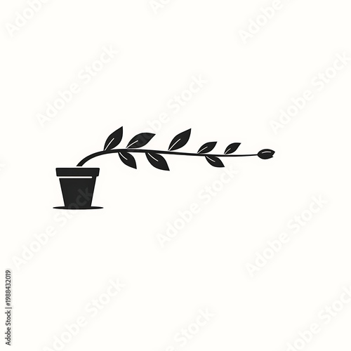 Black silhouette of a plant growing in a pot with black and white line art plant care silhouette greenery isolated minimalist decoration gardening seedling botanical
