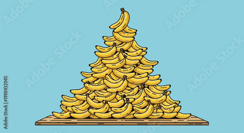 A large pile of yellow bananas forms a peak on a wooden surface