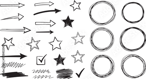 Hand drawn doodle sketch style circle, cloud speech bubble grunge element set. Sketch line arrow element, star, heart shape. Arrow, star, heart brush decoration.