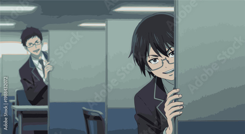 Animated students peeking from behind cubicle walls in a classroom setting