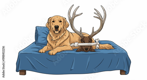 A dog rests on a blue cushion with a deer head and bone