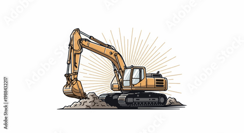Yellow excavator on dirt with sunburst background
