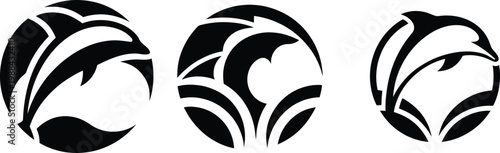 Set of Three Stylized Dolphin and Wave Circular Logo Templates