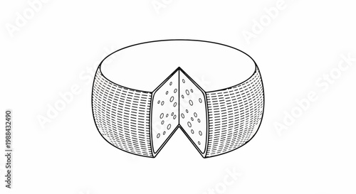 Stylized outline of a large wheel of cheese with a wedge removed, showing internal holes