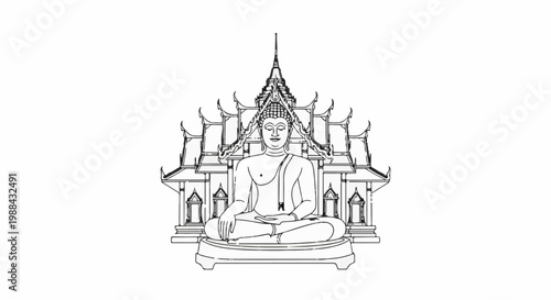 Stylized outline of a serene Buddha in meditation pose before intricate tiered architecture