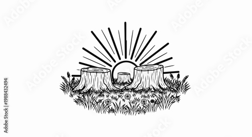 A stylized sketch depicts three tree stumps in grass with a sunburst rising