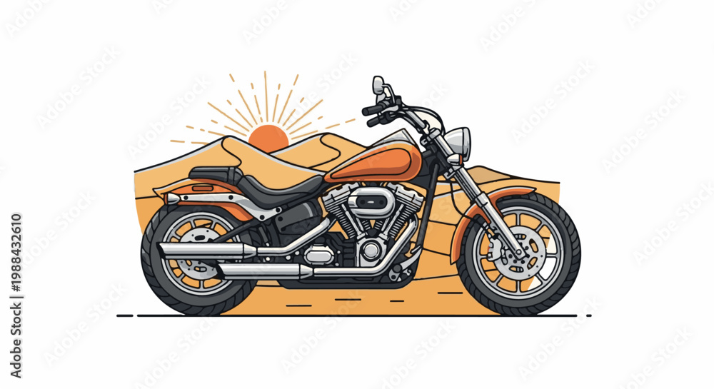 Obraz premium Orange motorcycle rides through a desert landscape under a bright sun