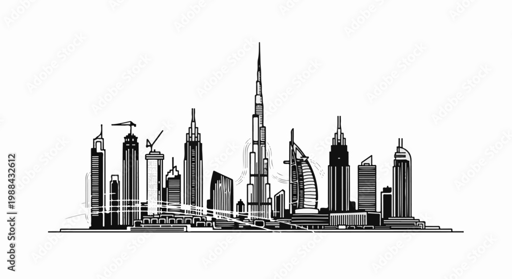Obraz premium A graphic representation of a modern city skyline with towering skyscrapers and unique architectural designs