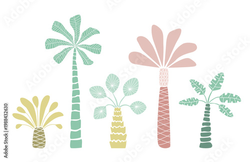 Minimalist tropical palm tree set in pastel colors, abstract botanical vector illustration on light background.