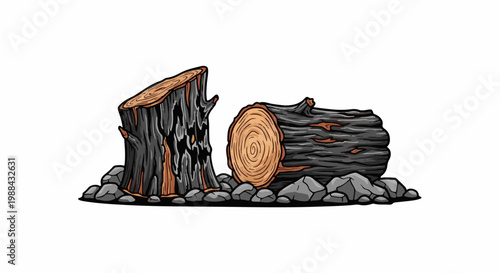 Two logs, one upright stump, and rocks, on a white background