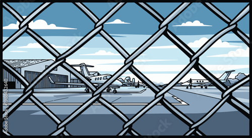 View of private jets through a chain-link fence at an airport under a cloudy sky