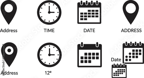 Location, time and calendar icon set featuring address pins, clocks and date symbols in simple solid glyph vector style