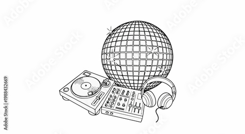 A disco ball, turntable, mixer, and headphones create a DJ setup