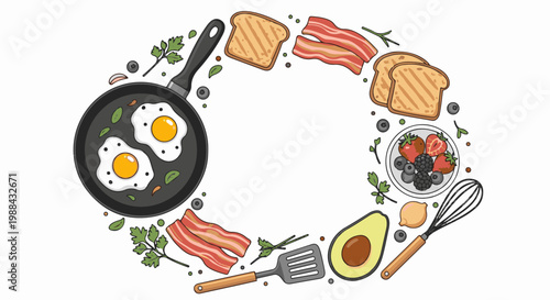 Whimsical breakfast items arranged in a circular pattern on a white background