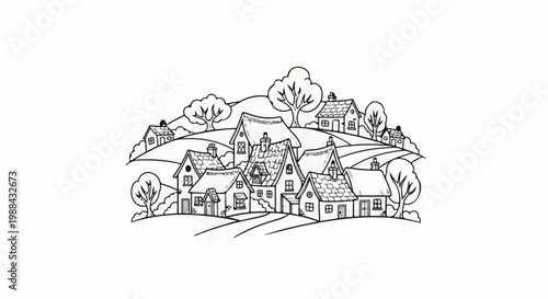 Whimsical village scene with cozy houses nestled on rolling hills under trees