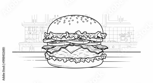 A detailed, black and white line drawing of a delicious, layered hamburger in a kitchen