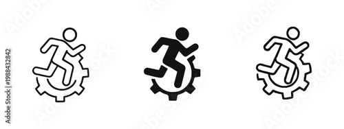 Person Running on Gear Icon Set for Business Efficiency and Hard Work