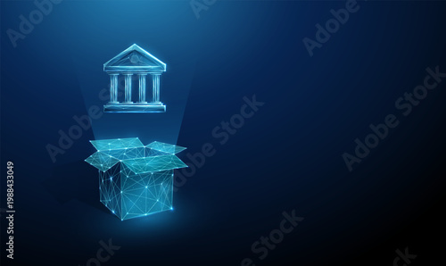 3d blue bank icon above open box. Financial services delivery, digital banking offerings, account services, financial tools distribution, innovation in banking concept.