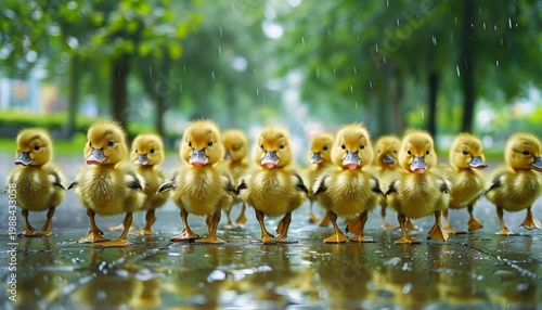  A Long Row Of Adorable Ducklings Walking In Rain
