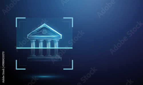 Blue bank icon inside scanning frame. Financial verification, banking authentication, identity recognition, secure access control, transaction monitoring concept.