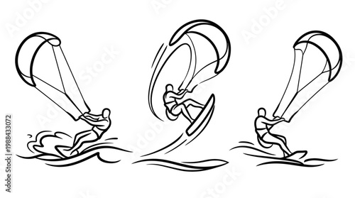 Dynamic Black and White Illustrations of Kite Surfing Action.