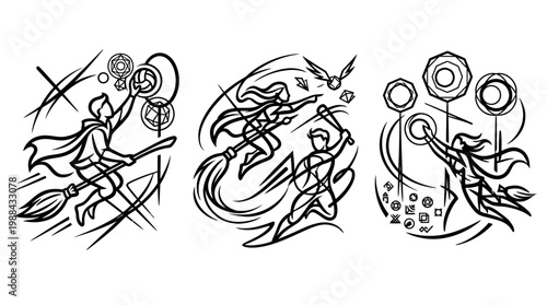Dynamic Black and White Illustrations of Quidditch Players in Action.