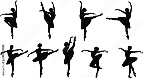 Ballet dancer silhouettes set with elegant poses, classical dance movements, graceful female figures isolated on white background for design use