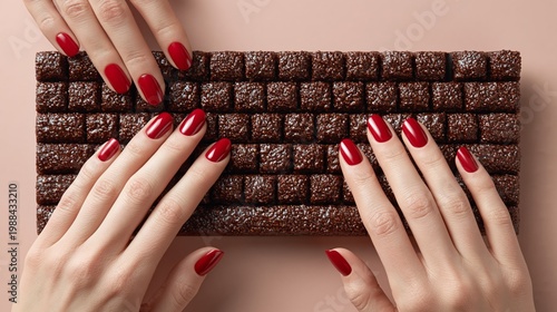 Red nails press chocolate keys. Soft pink backdrop frames the scene. Sensual, playful, and indulgent mood. Perfect for dessert campaigns or luxury branding. Human hands suggest delight and creativity