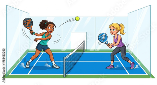 Two Young Women Playing Padel Tennis Match on Court Vector Illustration